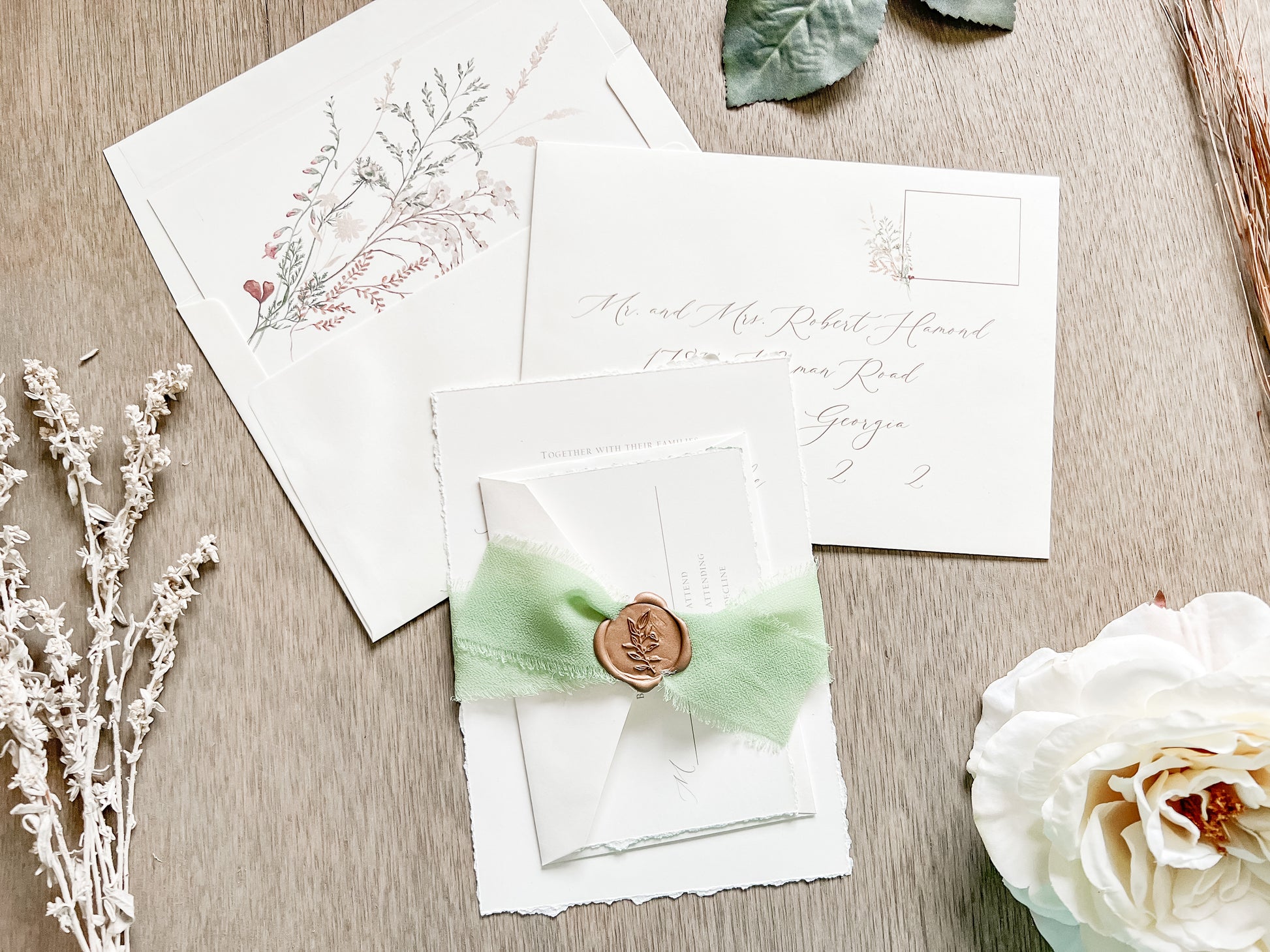 Sage Green Ribbon Wedding Invitation with Deckled Edging, Chiffon Ribbon & Antique Gold Wax Seal