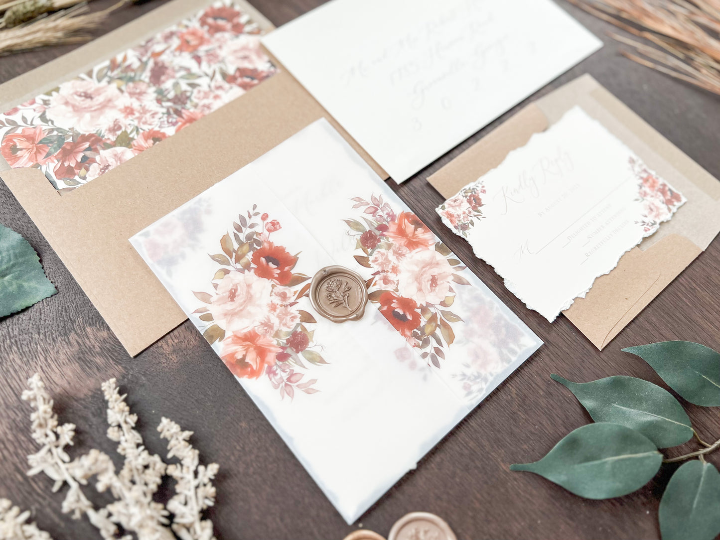 Copper & Rust Foliage Boho Wedding Invitation with Deckled Edging, Vellum & Wax Seal