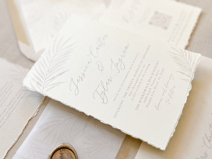 Tropical Palm Leaf Wedding Invitation with Vellum & Wax Seal
