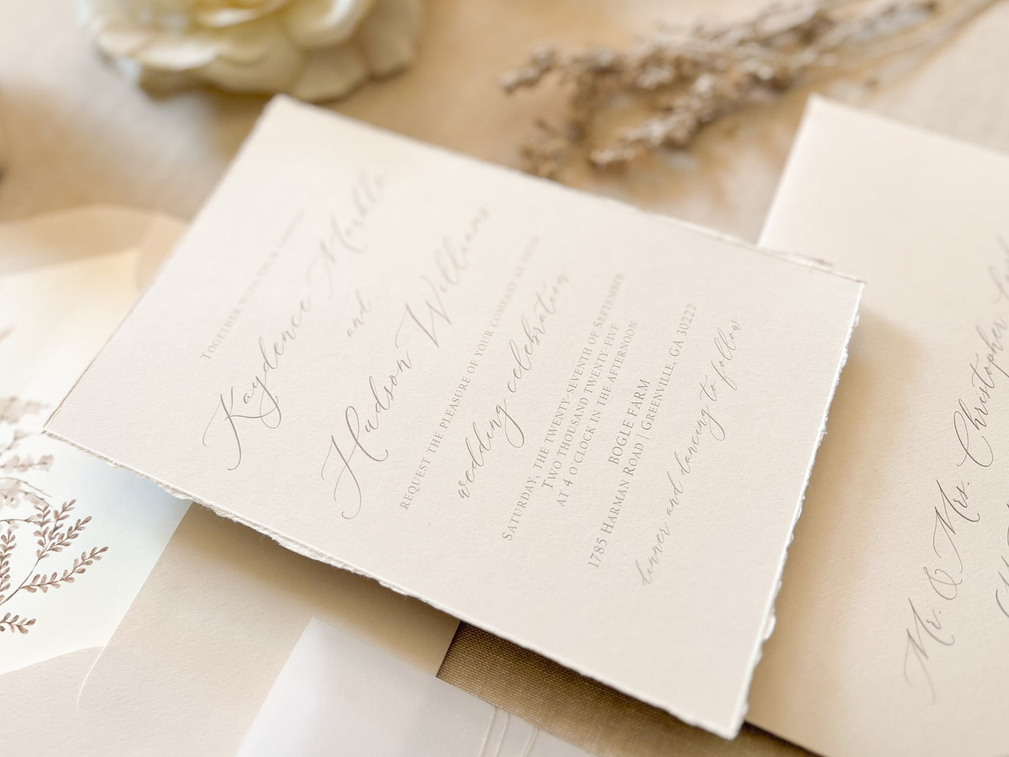 Neutral Wedding Invitation with Deckled Edging, Vellum Bellyband, Chiffon Ribbon and Wax Seal