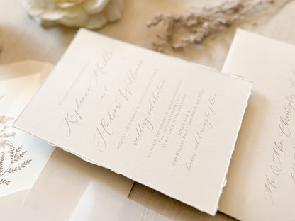 Neutral Wedding Invitation with Deckled Edging, Vellum Bellyband, Chiffon Ribbon and Wax Seal