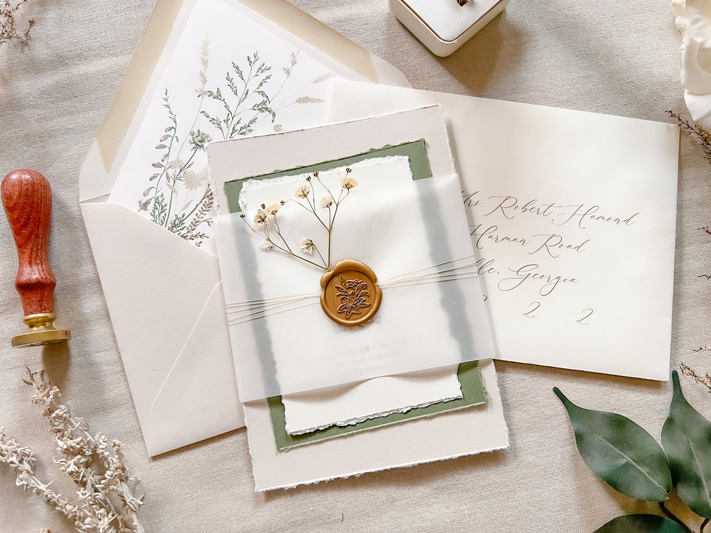 Baby’s Breath Wedding Invitation with Deckled Edging, Baby’s Breath, Vellum and Wax Seal