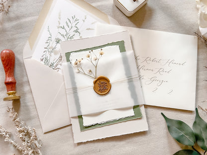 Baby’s Breath Wedding Invitation with Deckled Edging, Baby’s Breath, Vellum and Wax Seal