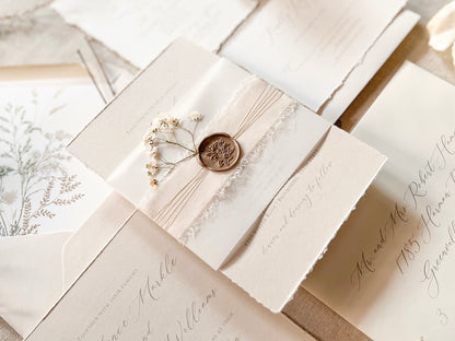Neutral Wedding Invitation with Deckled Edging, Vellum Belly Band, Chiffon Ribbon
