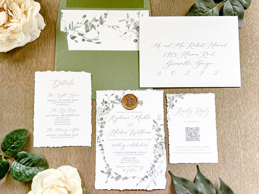 Minimalist Greenery Wedding Invitation with Deckled Edge and Antique Gold Wax Seal