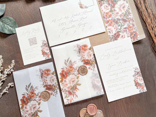 Boho Wedding Invitation wrapped in Vellum & Wax Seal with Copper, Burnt Orange & Rust Foliage