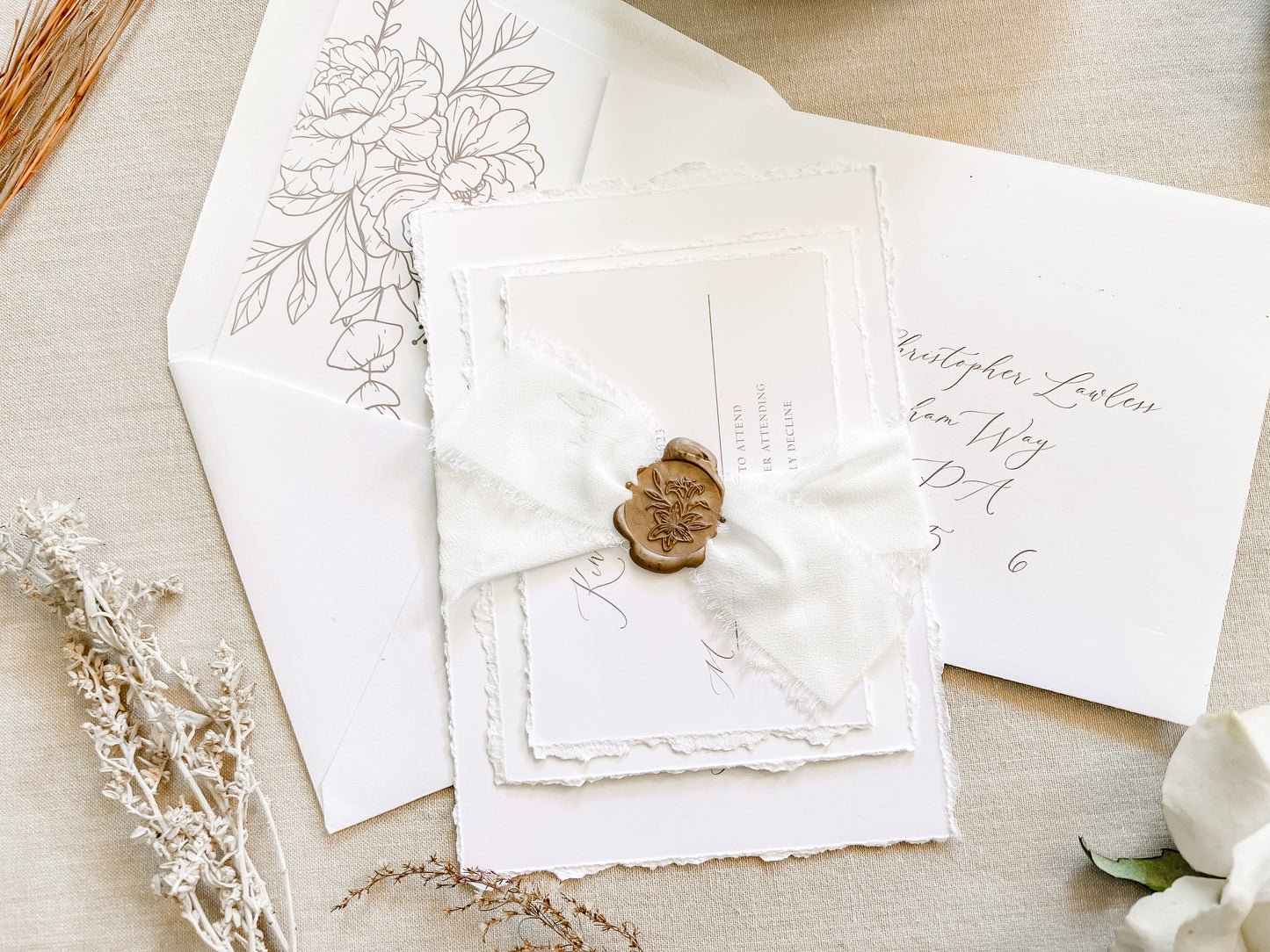 Classic Elegant Wedding Invitation with Deckled Edging, White Chiffon Ribbon & Wax Seal