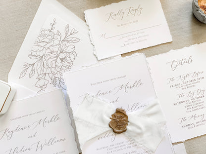 Classic Elegant Wedding Invitation with Deckled Edging, White Chiffon Ribbon & Wax Seal