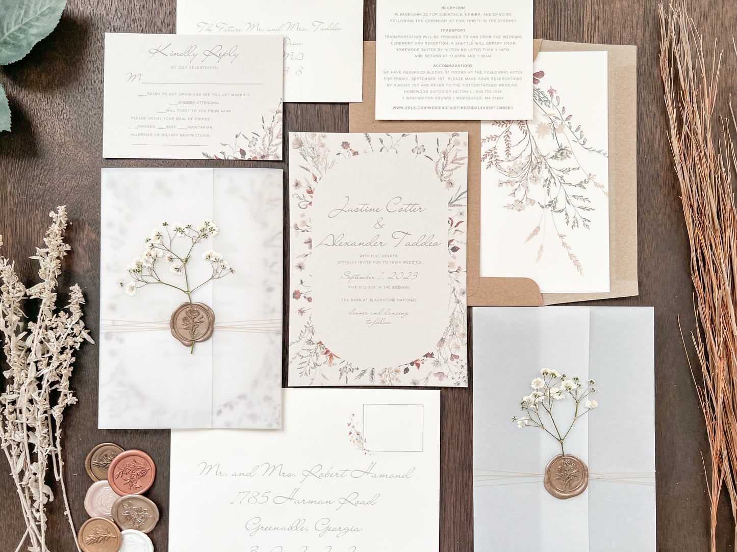 Baby’s Breath Wedding Invitation with Deckled Edging, Vellum Wrap and Wax Seal