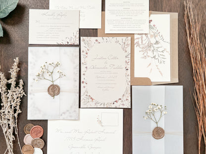 Baby’s Breath Wedding Invitation with Deckled Edging, Vellum Wrap and Wax Seal