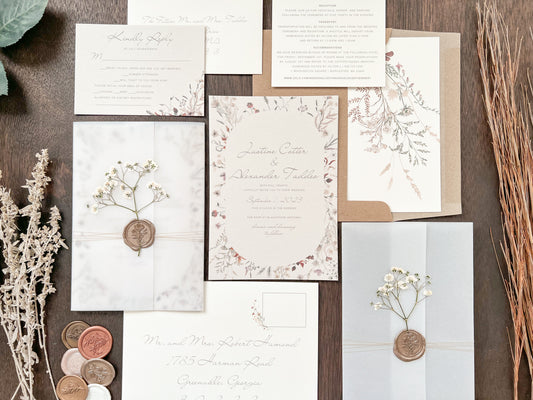 Baby’s Breath Wedding Invitation with Deckled Edging, Vellum Wrap and Wax Seal