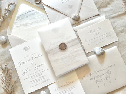 Beach Wedding Invitation with Vellum & Seashell Wax Seal