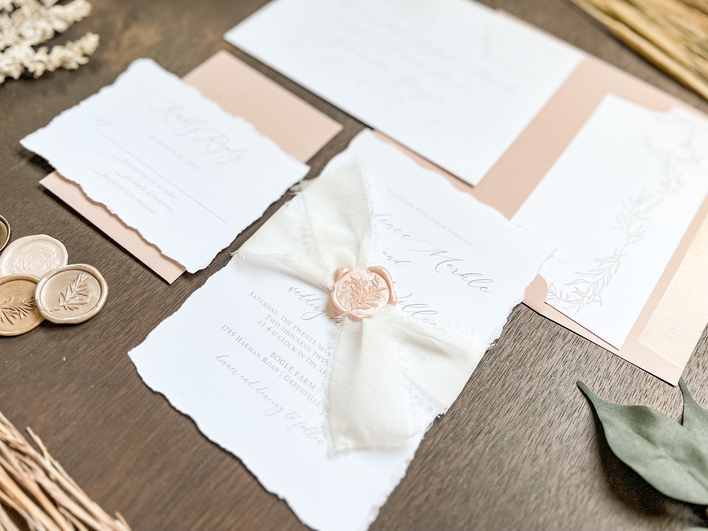 Soft and Sweet Wedding Invitation with Deckled Edging, White Chiffon Ribbon & Blush Pink Wax Seal