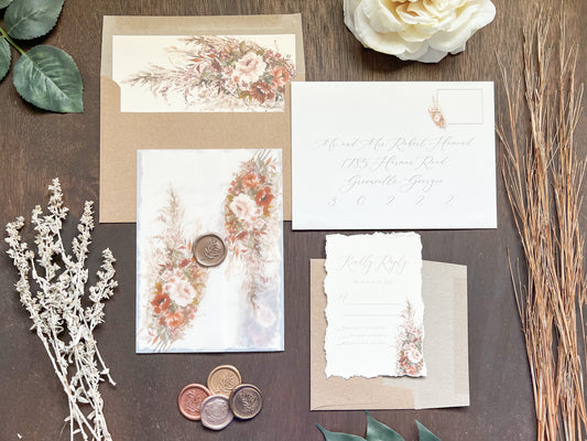 Pampas & Copper Foliage Boho Wedding Invitation with Deckled Edging, Vellum & Wax Seal