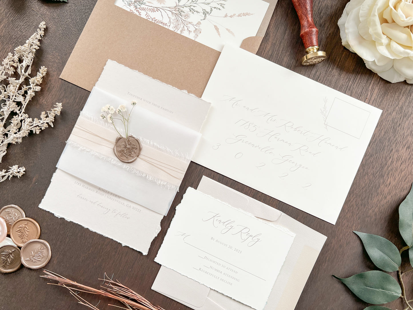Neutral Wedding Invitation with Deckled Edging, Vellum Belly Band, Chiffon Ribbon, Dried Baby’s Breath and Wax Seal