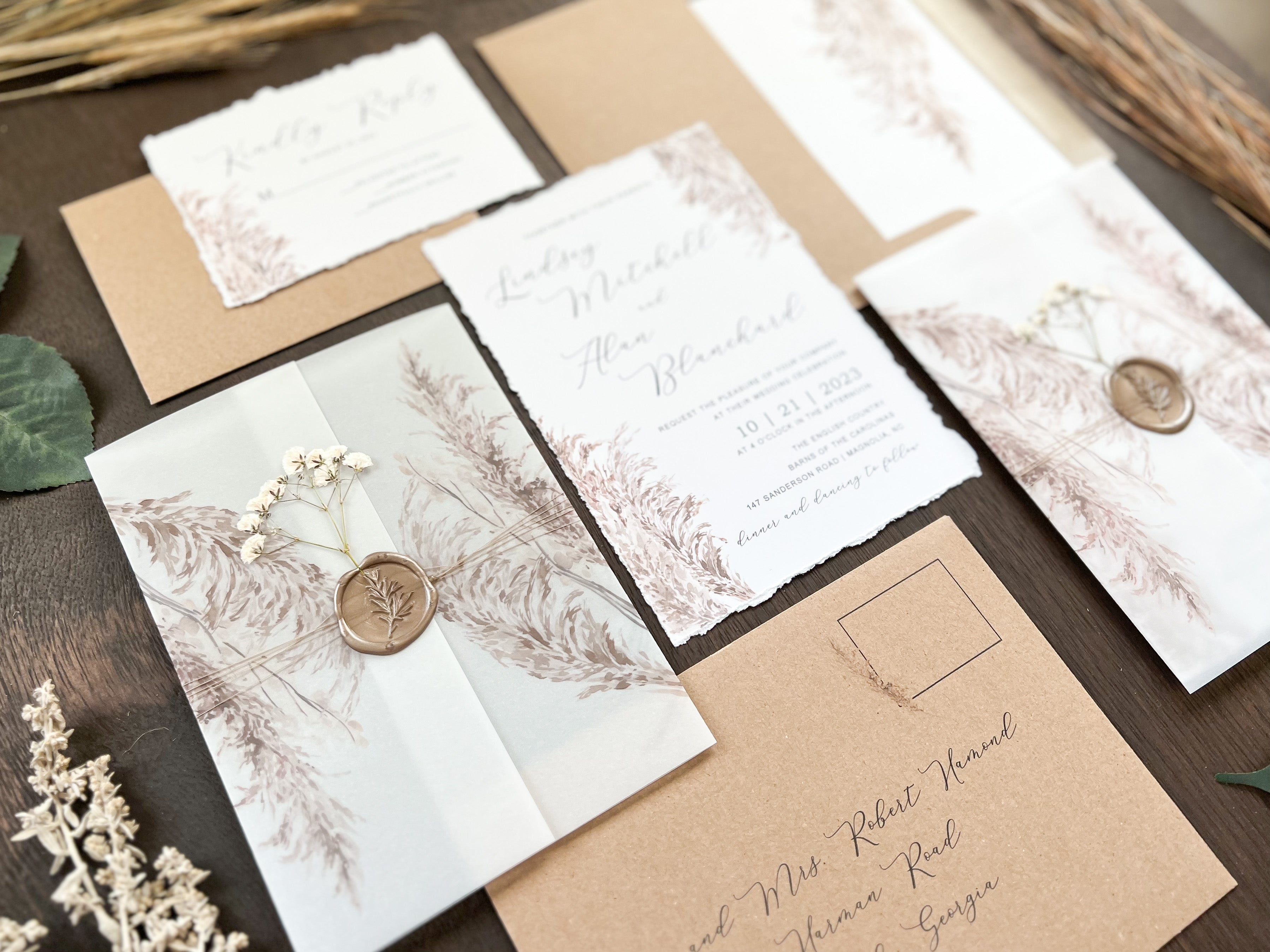 Pampas Grass and Baby’s Breath Wedding Invitation with Deckled Edge, Boho Vellum with Wax Seal