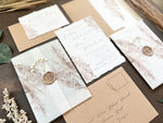 Pampas Grass and Baby’s Breath Wedding Invitation with Deckled Edge, Boho Vellum with Wax Seal