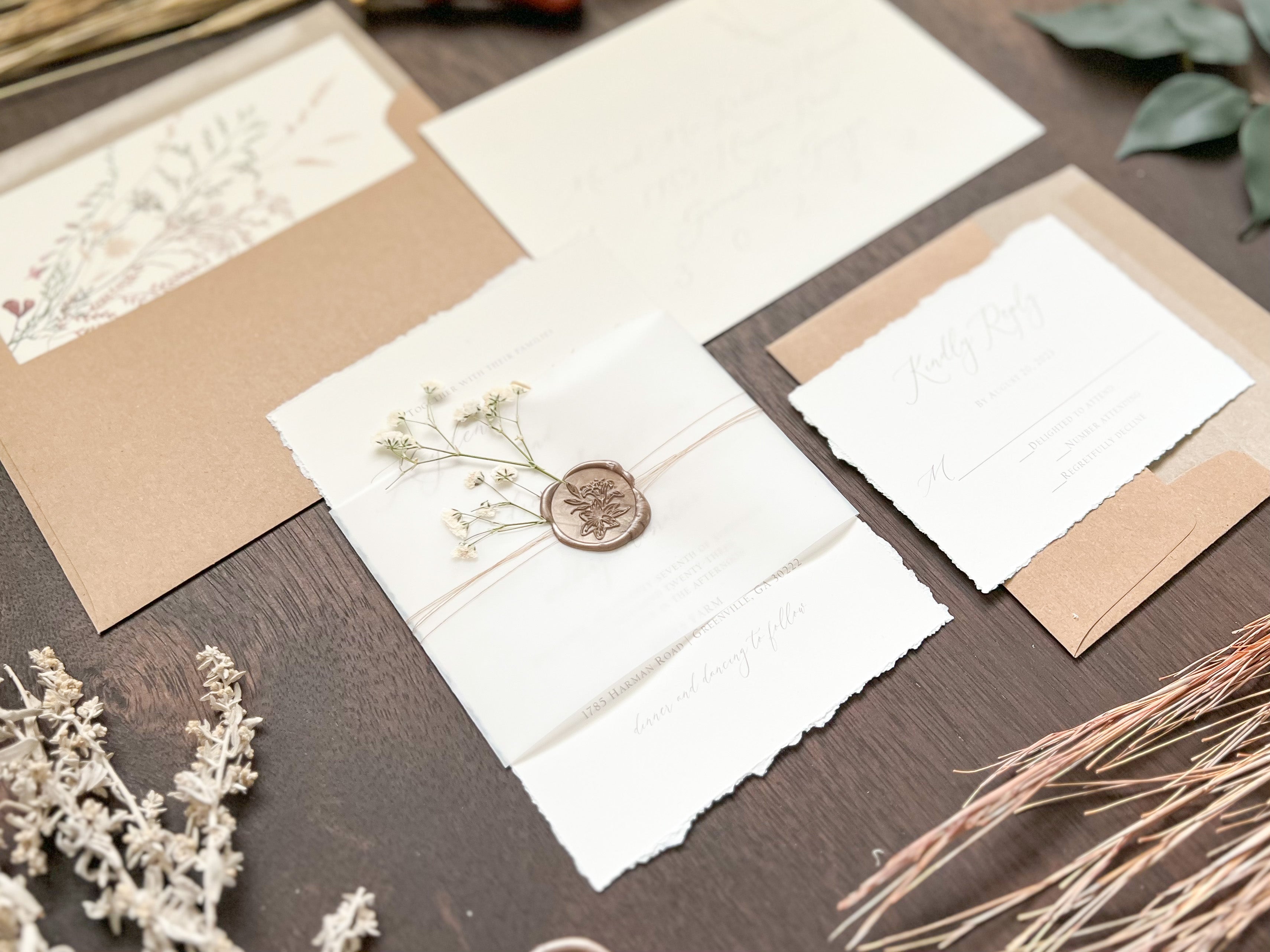 Elegant Ivory Baby’s Breath Wedding Invitation with Deckled Edging, Vellum Belly Band and Wax Seal