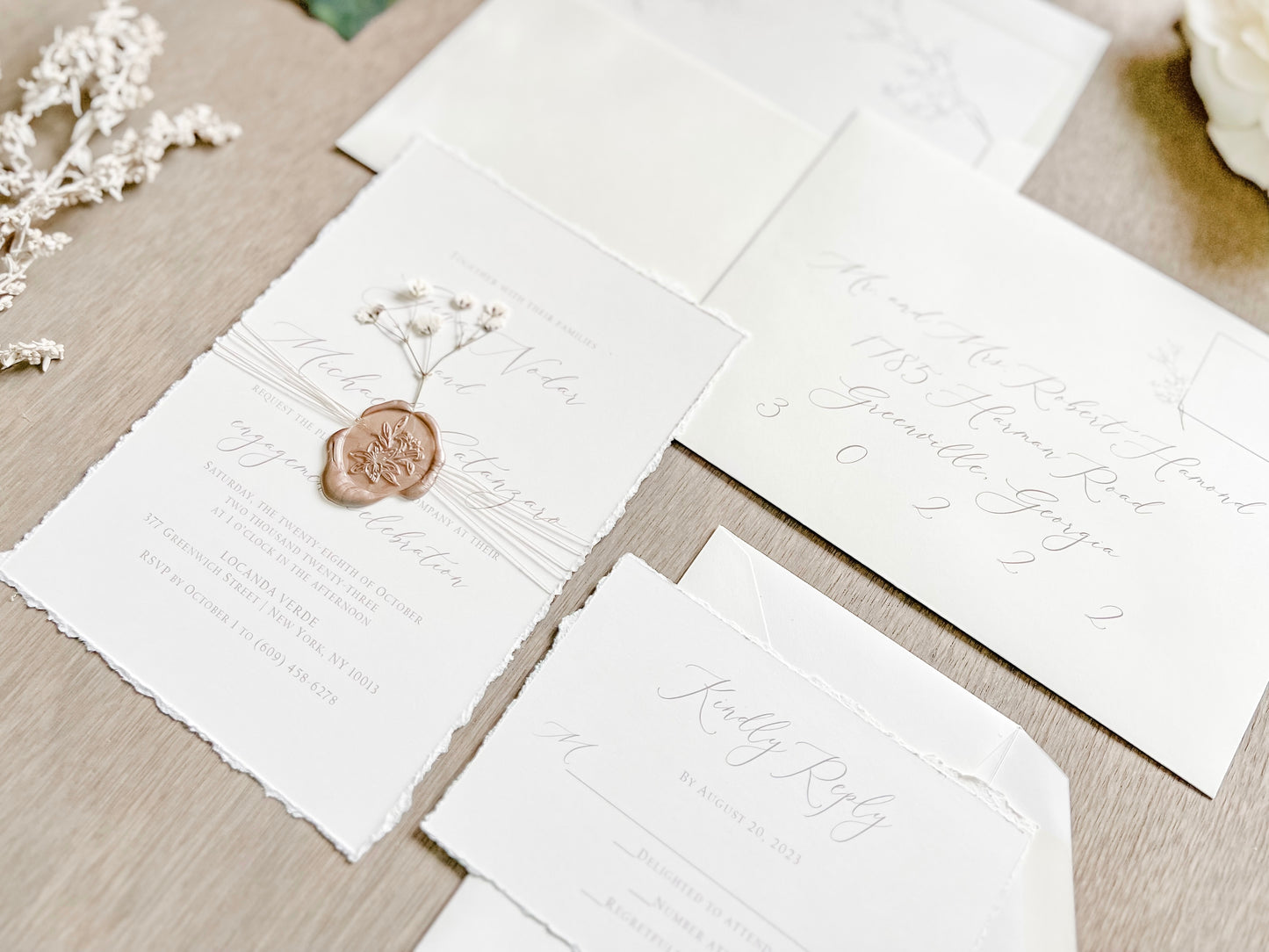 Elegant Ivory Baby’s Breath Wedding Invitation with Deckled Edging and Wax Seal