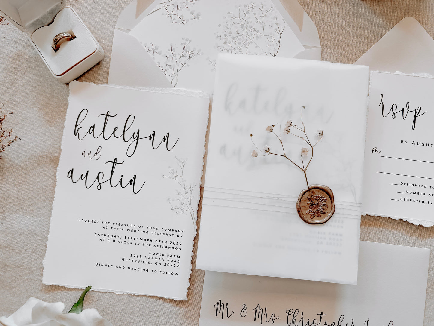Baby’s Breath Wedding Invitation with Deckled Edging, Vellum Wrap and Wax Seal