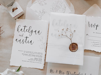 Baby’s Breath Wedding Invitation with Deckled Edging, Vellum Wrap and Wax Seal