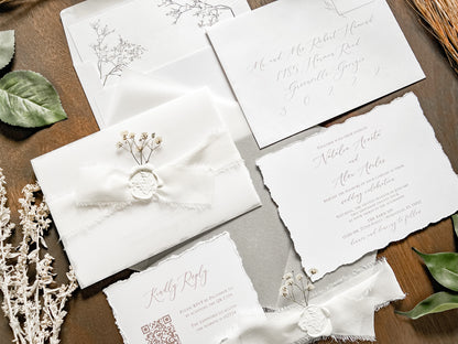 White Baby’s Breath Wedding Invitation with Deckled Edging, QR code RSVP, Vellum, Chiffon Ribbon and Wax Seal