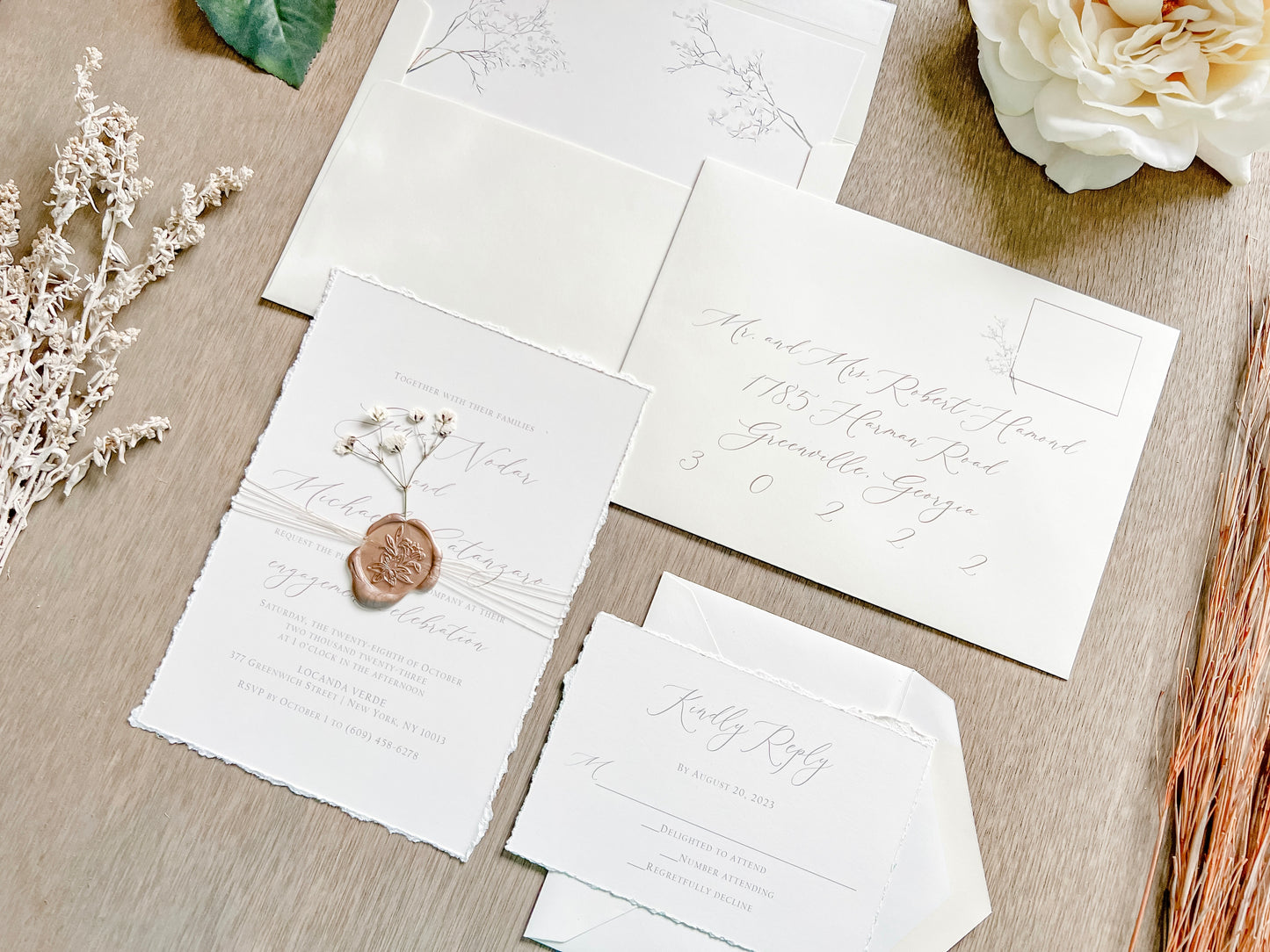 Elegant Ivory Baby’s Breath Wedding Invitation with Deckled Edging and Wax Seal