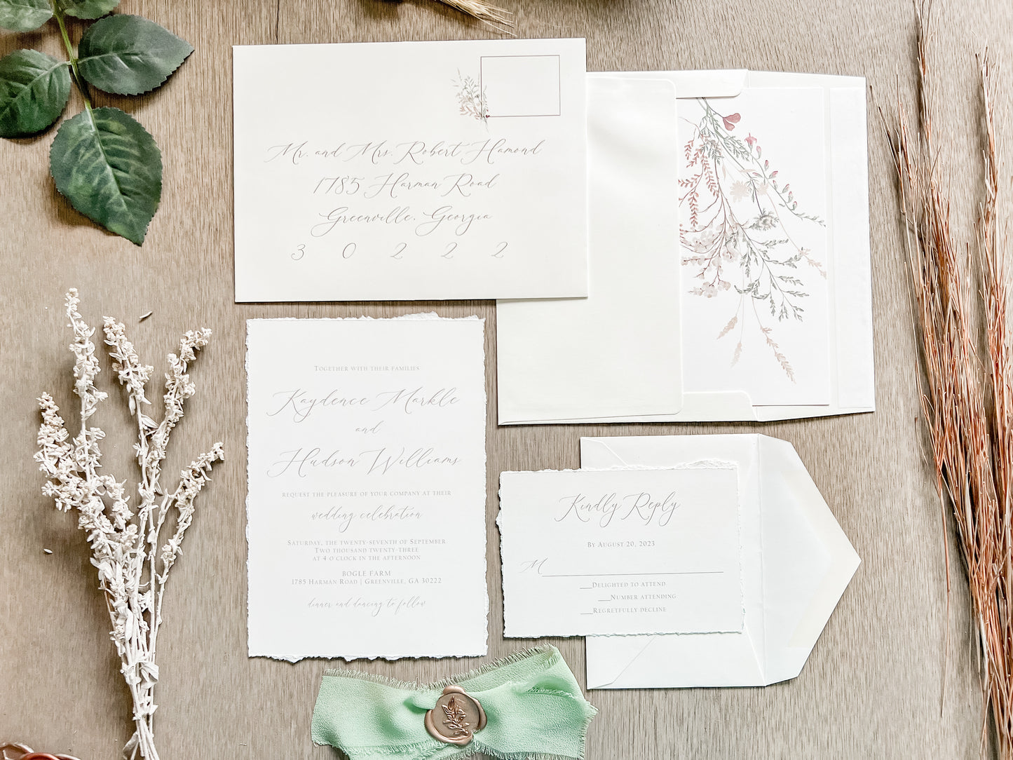 Sage Green Ribbon Wedding Invitation with Deckled Edging, Chiffon Ribbon & Antique Gold Wax Seal