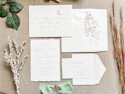 Sage Green Ribbon Wedding Invitation with Deckled Edging, Chiffon Ribbon & Antique Gold Wax Seal
