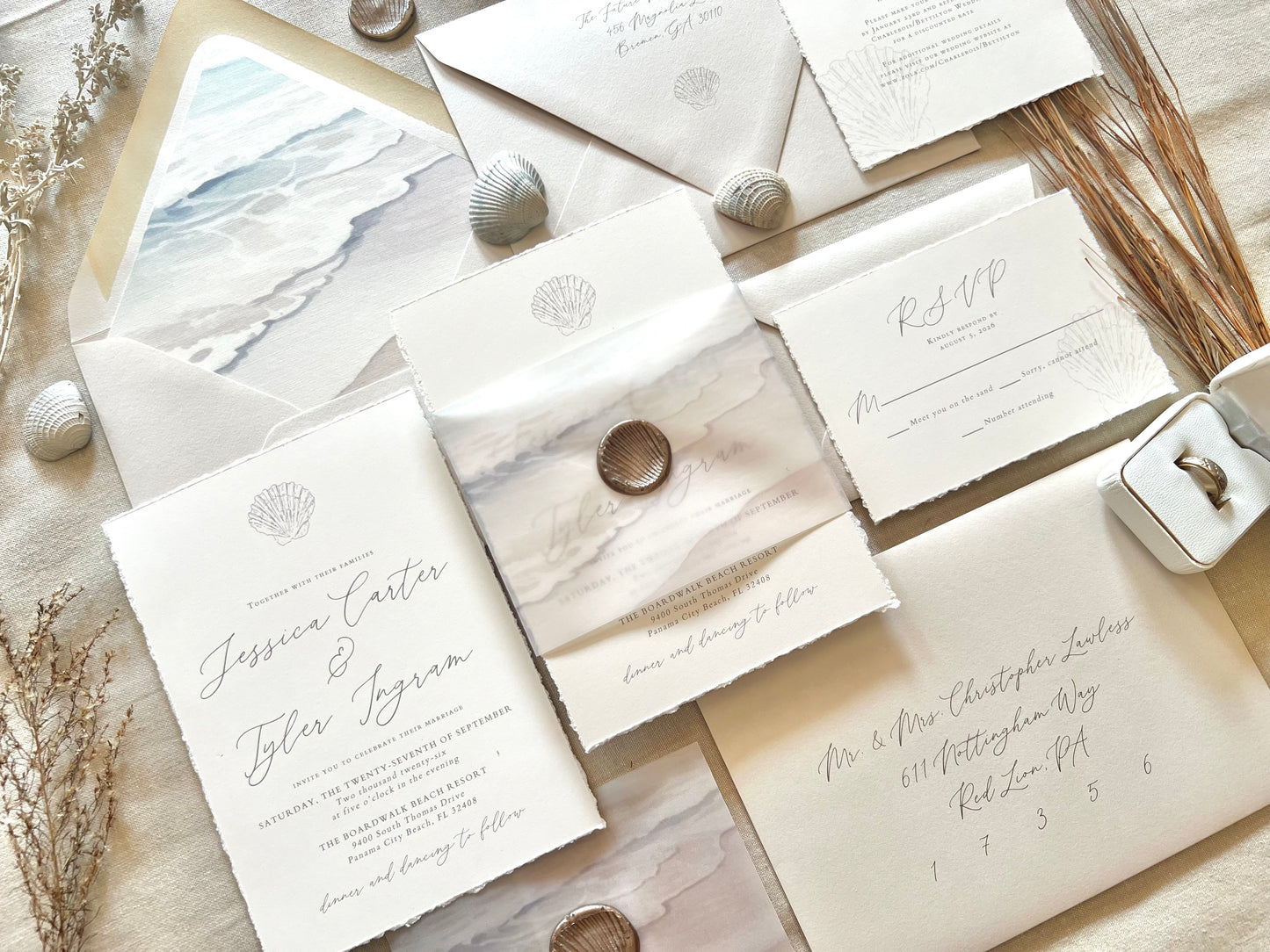 Ocean Waves Beach Wedding Invitation with Vellum & Wax Seal