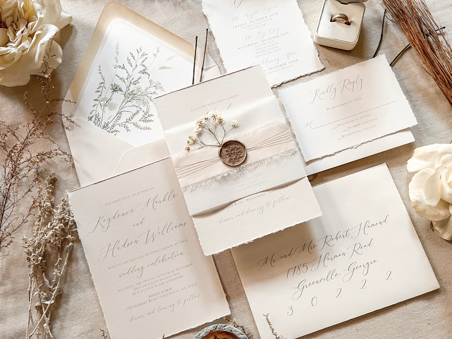 Neutral Wedding Invitation with Deckled Edging, Vellum Belly Band, Chiffon Ribbon