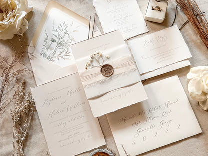 Neutral Wedding Invitation with Deckled Edging, Vellum Belly Band, Chiffon Ribbon