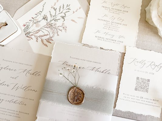 Muted Sage Green Wedding Invitation with Deckled Edging, Vellum, Ribbon, Baby’s Breath and Wax Seal