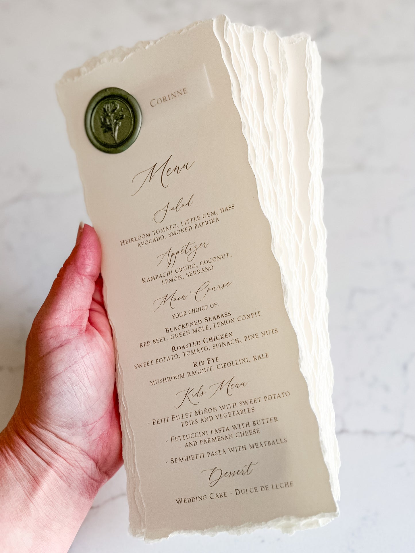Wedding Menus with Vellum Name Tag and Deckled Edging