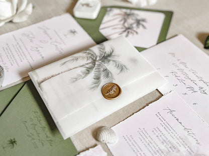 Tropical Wedding Invitation with Palm Tree, Vellum & Wax Seal