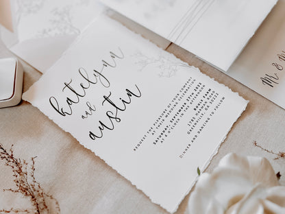 Baby’s Breath Wedding Invitation with Deckled Edging, Vellum Wrap and Wax Seal