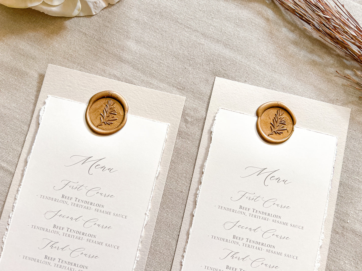 Wedding Menus with Deckled Edge and Colored Backing