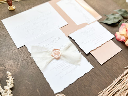 Soft and Sweet Wedding Invitation with Deckled Edging, White Chiffon Ribbon & Blush Pink Wax Seal