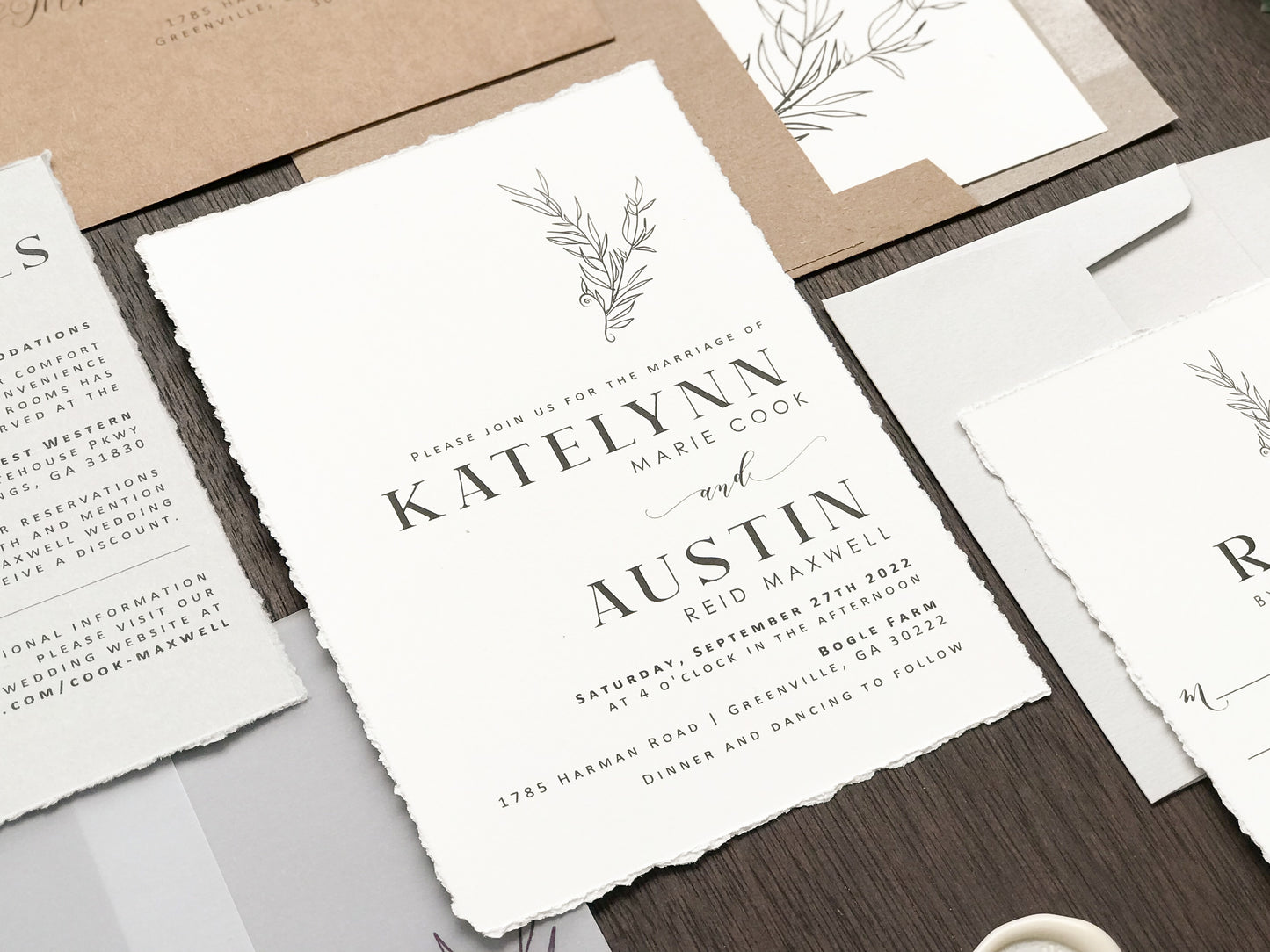 Contemporary Modern Boho Wedding Invitation with Deckled Edging, Vellum and Antique Gold Wax Seal