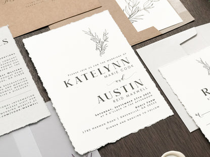Contemporary Modern Boho Wedding Invitation with Deckled Edging, Vellum and Antique Gold Wax Seal