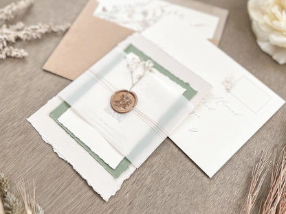 Baby’s Breath Wedding Invitation with Deckled Edging, Baby’s Breath, Vellum Belly Band and Wax Seal