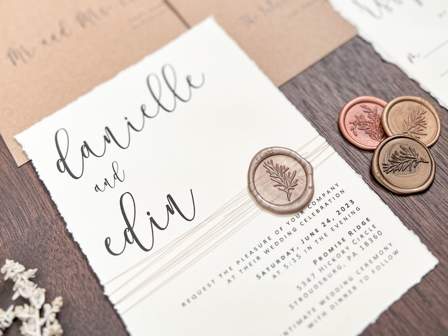 Simple Ivory Wedding Invitation with Deckled Edge, Wax Seal & Thread
