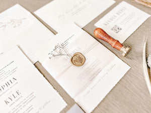 Contemporary Ivory Wedding Invitation with Baby’s Breath, Deckled Edging, Vellum Belly Band and Wax Seal