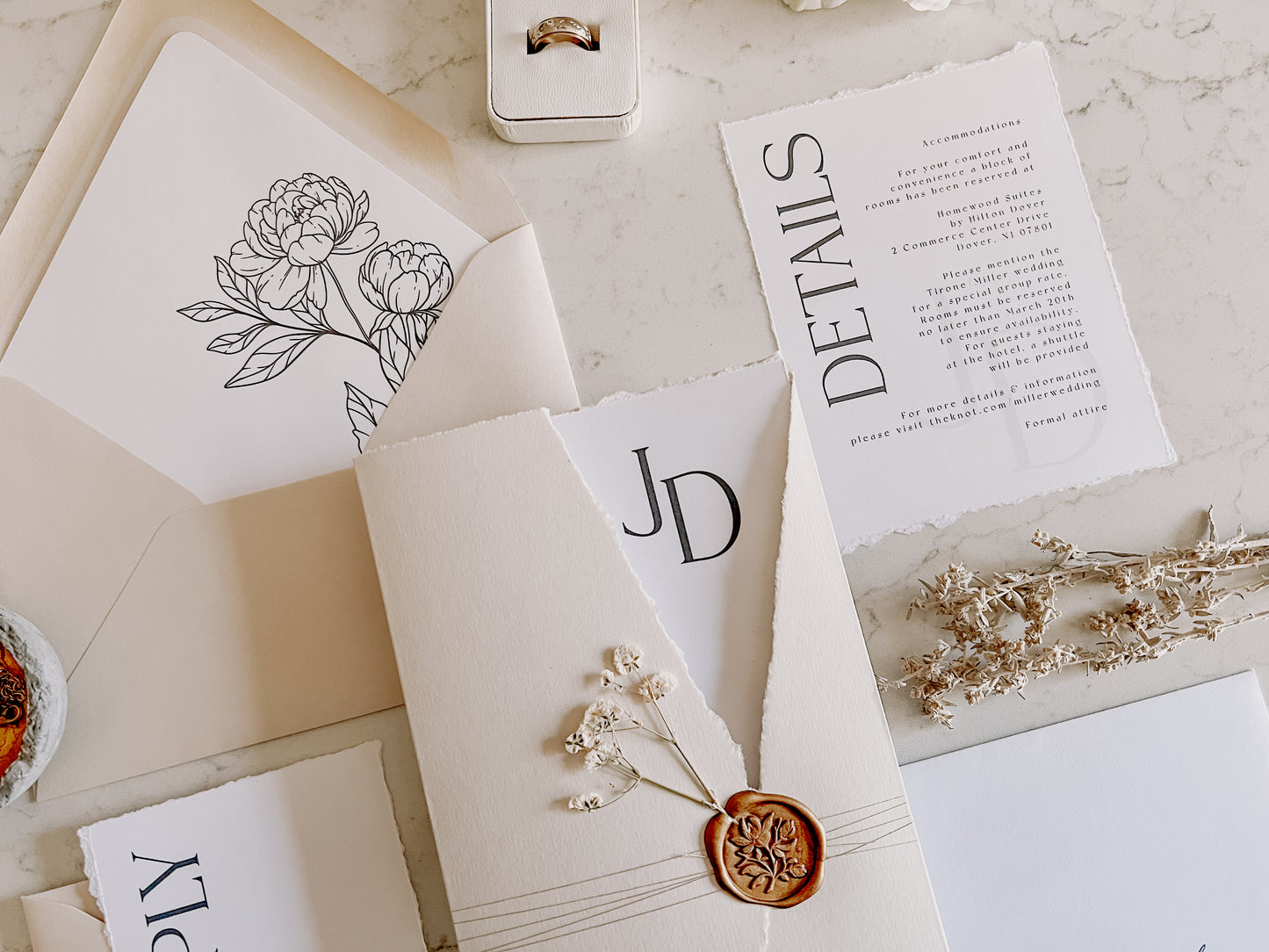 Trifold Monogram Wedding Invitation with Baby’s Breath, Wrap & Wax seal