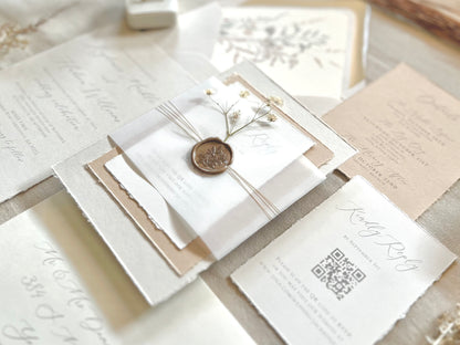 Neutral Baby’s Breath Wedding Invitation with Deckled Edging, Vellum and Wax Seal