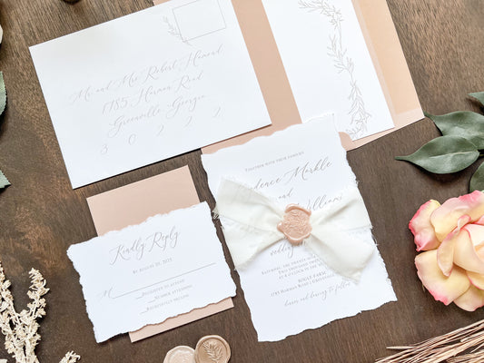 Soft and Sweet Wedding Invitation with Deckled Edging, White Chiffon Ribbon & Blush Pink Wax Seal