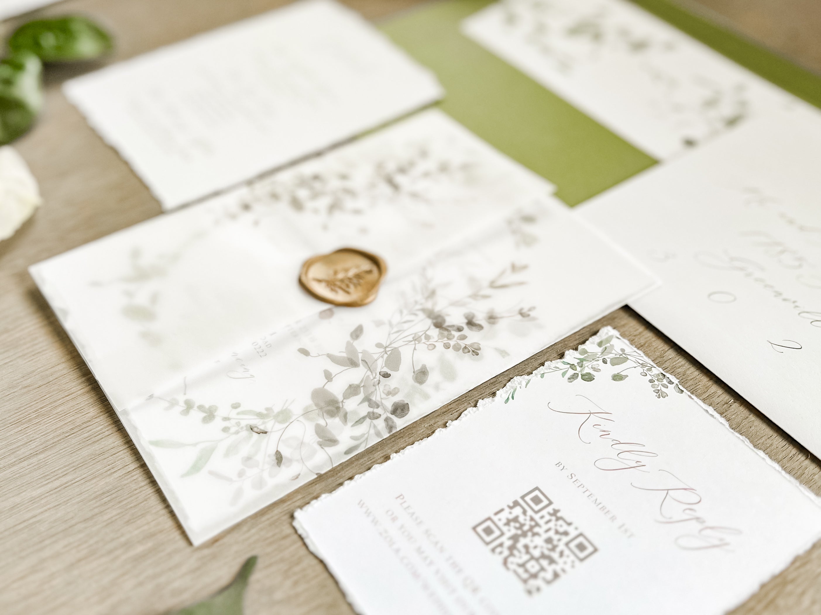 Greenery Wreath Wedding Invitation with Eucalyptus Vellum, Deckled Edging & Wax Seal