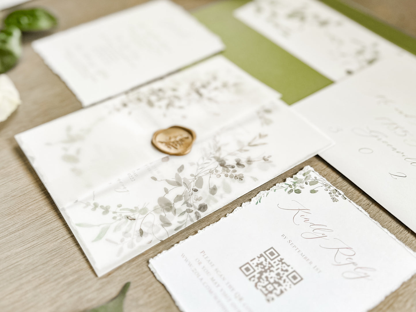 Greenery Wreath Wedding Invitation with Eucalyptus Vellum, Deckled Edging & Wax Seal