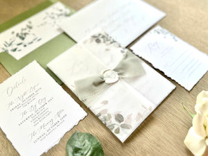 Greenery Vellum Wedding Invitation with Ribbon, Wax Seal & Deckled Edge