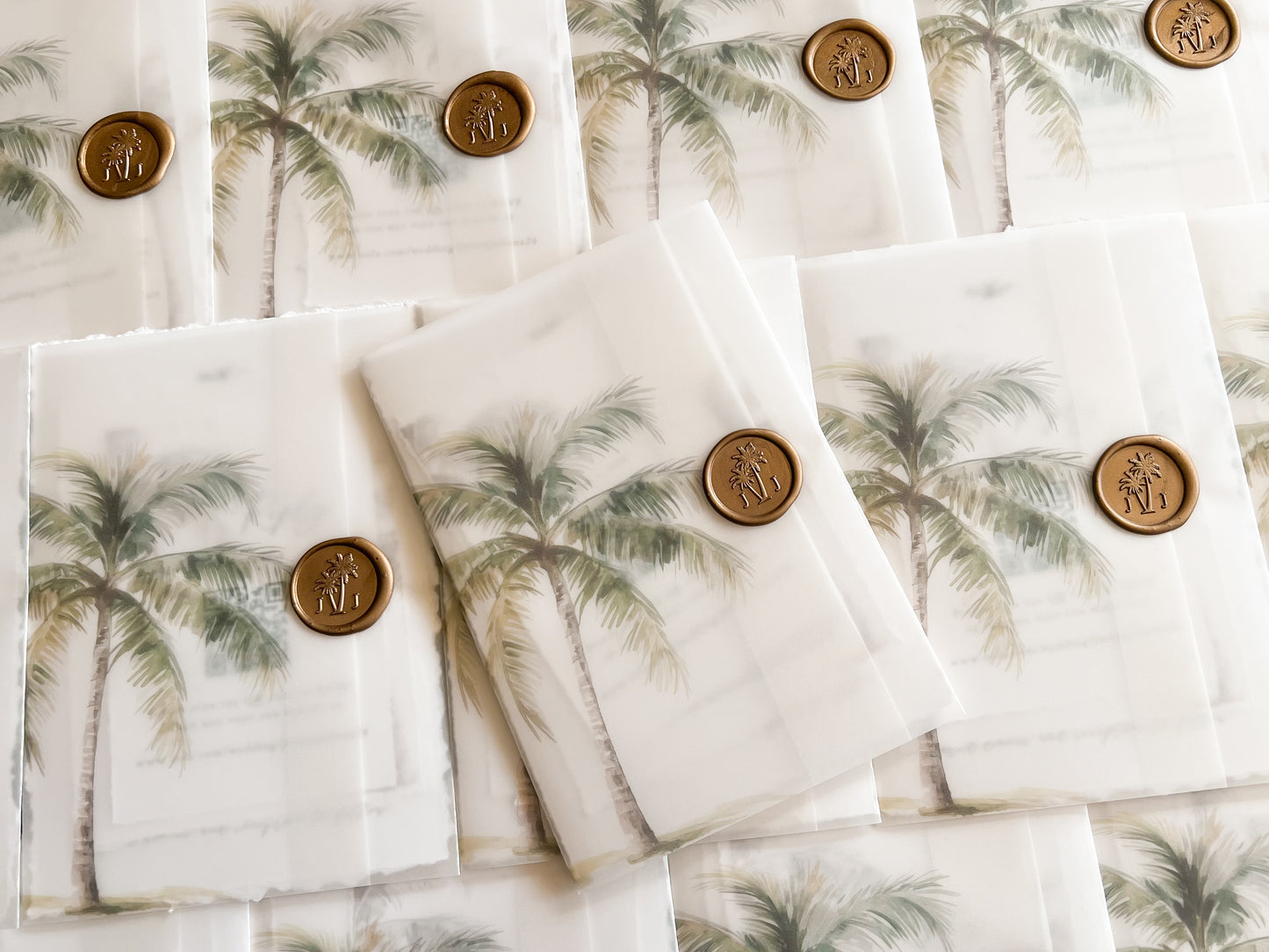 Tropical Wedding Invitation with Palm Tree, Vellum & Wax Seal